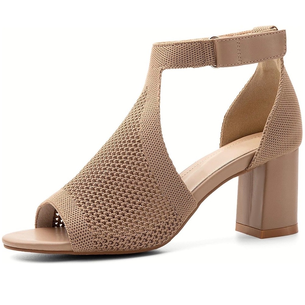 NEWBELLA Womens Knit Ankle Strap Sandals Open Toe Block Heel Pumps Tan 7.5